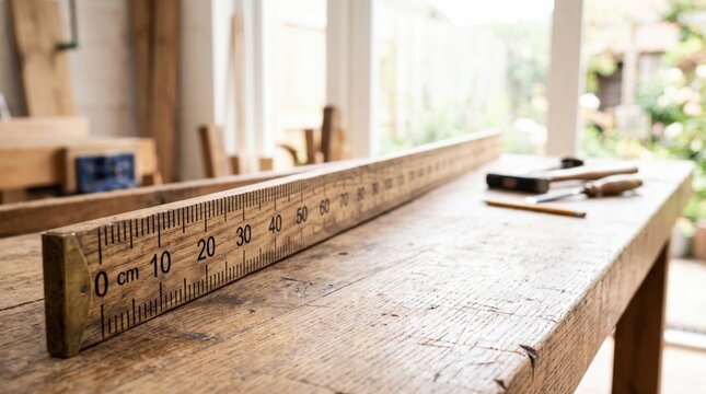 Wooden yardstick on rustic table with measuring markings. Closeup of wooden meter stick showcasing detailed measurement units on the surface. Ideal for home improvement or woodworking projects.