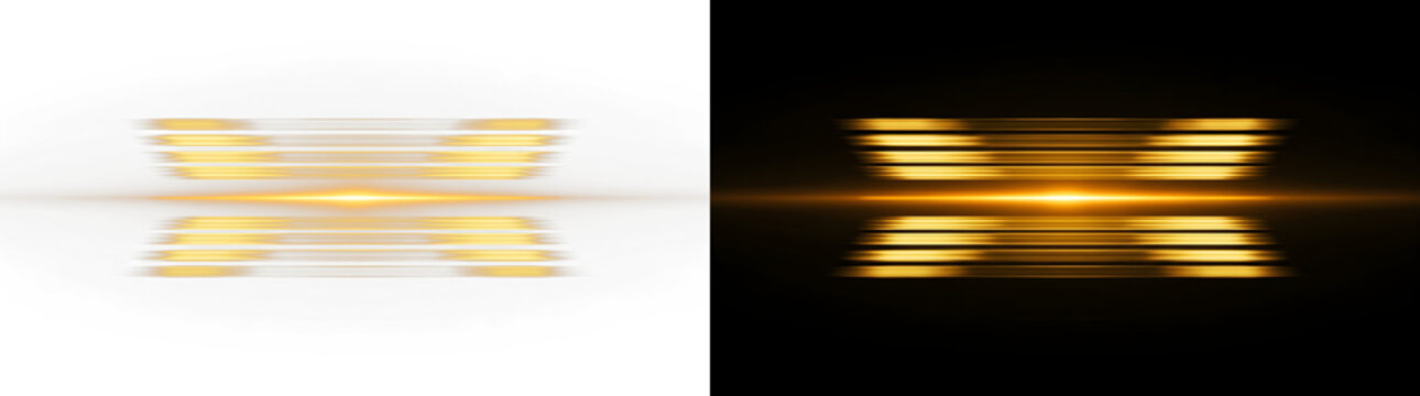 Gold lens flare and light leak elements. Horizontal yellow neon laser beams isolated on transparent background. Glowing bright stripe effect