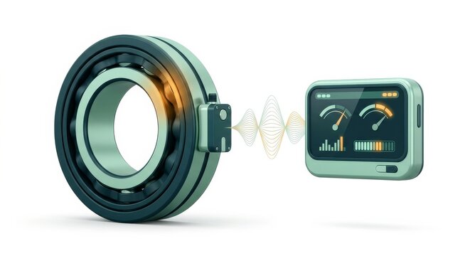 Industrial bearing with vibration sensor and monitoring dashboard, illustrating predictive maintenance, condition monitoring and fault detection