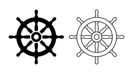 Ship Wheel Icons: A pair of ship wheel icons, one black and solid, the other outlined, symbolizing navigation, control, and nautical themes. © Ruhi