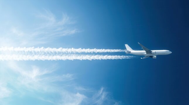 Cargo plane generating long white contrails across a clear blue sky