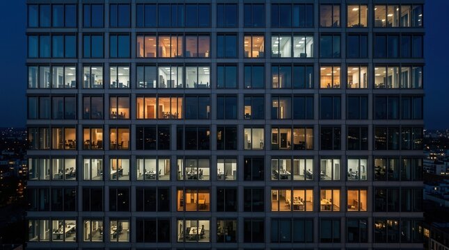 Glowing and blinking lights on an office building in a late evening timelapse, aerial top view