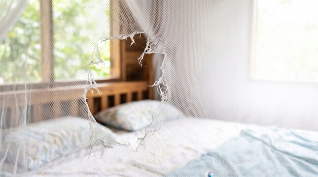 Mosquito netting ripped hole in bedroom interior. Damaged white mosquito netting ripped hole creates vulnerability for insects near wooden bed frame. Defective mosquito netting ripped hole repair.