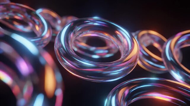Abstract 3D rendering of glowing torus shapes with iridescent lighting.
