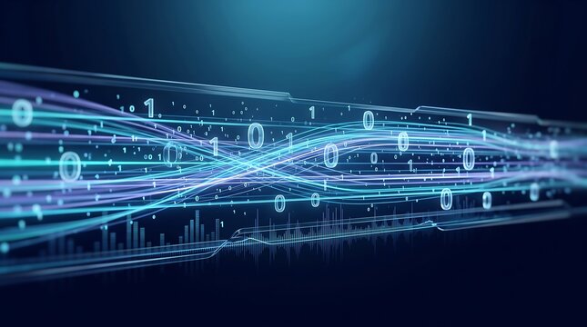 Abstract stream of binary code and digital light trails flowing through fiber optic cables representing high speed data transfer and internet connectivity in global communication