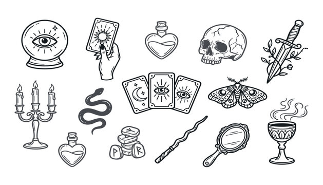 Mystical witchcraft line art vector icon set featuring tarot cards skull dagger crystal ball potion bottles and magic elements