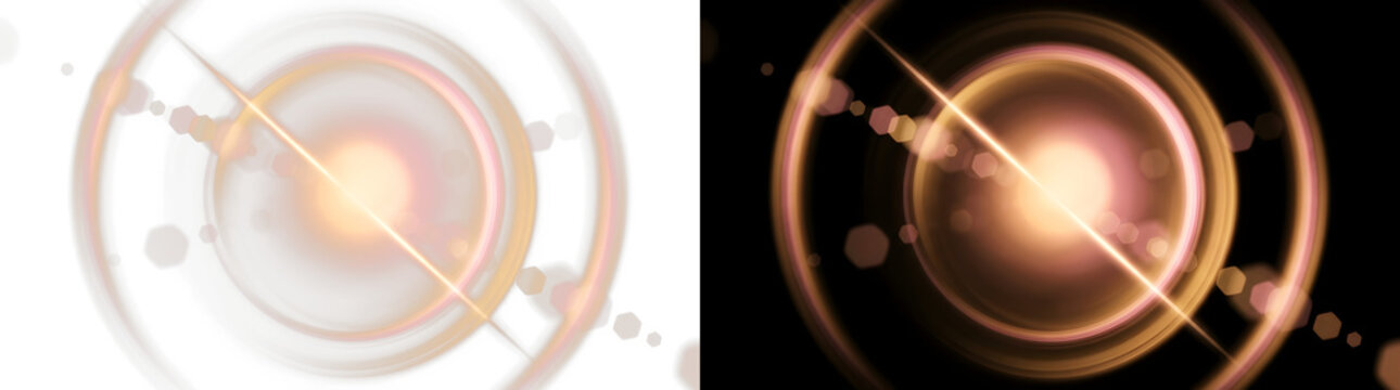 Golden lens flare effect with concentric rings and glowing light burst. Overlay ready graphic element
