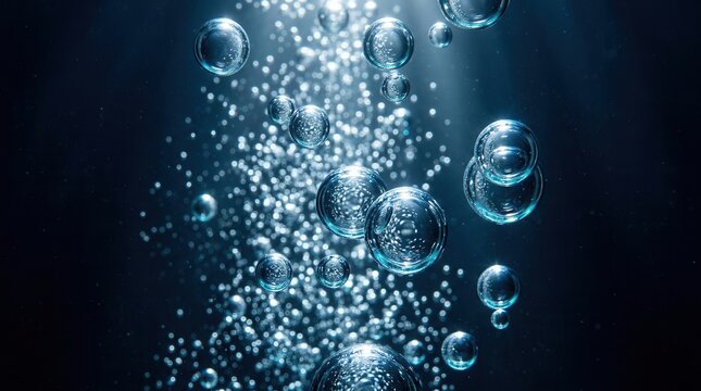 Underwater dark background featuring air bubbles enriched with oxygen
