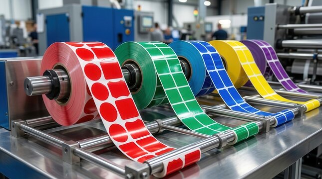 Label production and die cutting process featuring colorful rolls of custom-cut self-adhesive tape on a manufacturing line