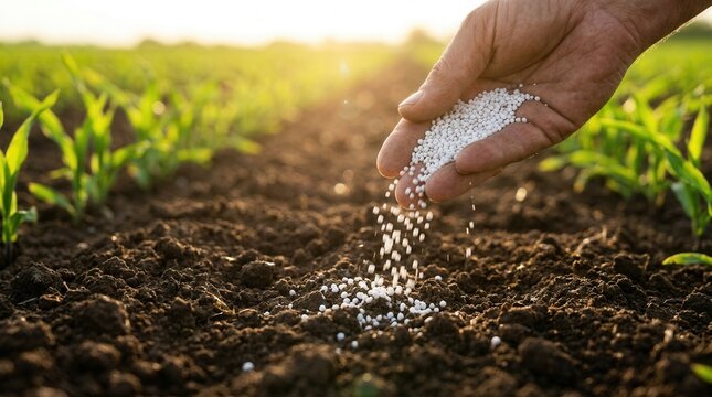 Rich dark soil in a vibrant green arable field receiving nitrogen phosphorus potassium fertilizer from a farmer during golden hour sunlight with ample copyspace.