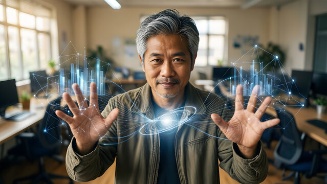 Fictional Southeast Asian man professional in his mid fifties with salt-and-pepper hair and an olive jacket in a sunlit flexible workplace, comparing two well-separated clusters of translucent data
