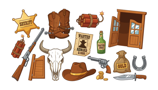 Wild West cowboy vector element set featuring saloon doors sheriff badge wanted poster dynamite skull and retro weapons
