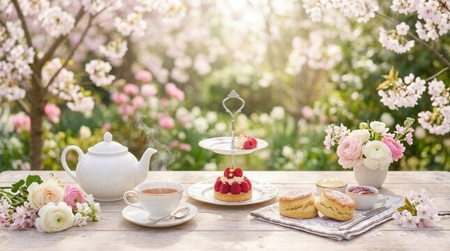 Floral arrangements and pastries on a garden table for an elegant high tea setting