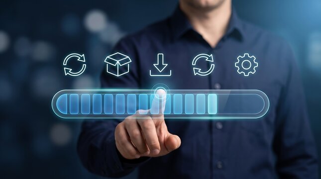 Professional man touching transparent futuristic interface with progress bar and cloud upload icons in dark office for software deployment and digital infrastructure management