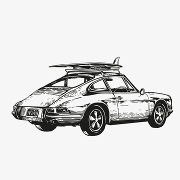 Hand drawn engraving style illustration of a vintage classic sports car with surfboard on roof rack. Black and white sketch perfect for surf culture, road trip and retro automotive prints.