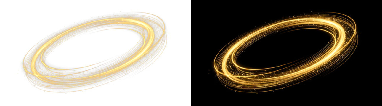 Golden light swirl effect. Glowing magical ring with sparkling star dust particles isolated on transparent background