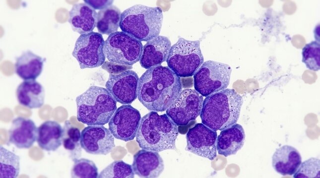 Acute myeloid leukemia bone marrow aspirate featuring close microscopic analysis of blast cells