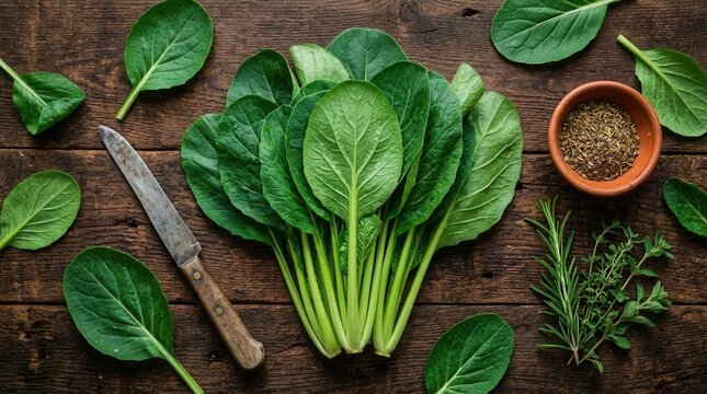 Natural health and garden vegetables featuring fresh Brassica rapa subsp. leaves on a dark wooden surface