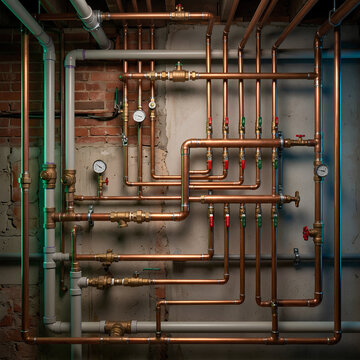 Complex Network of Copper and Green Pipes on Wall.