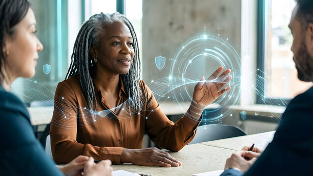 Fictional Black woman professional in her late fifties with gray locs and a bronze blouse at a pale stone collaboration table, guiding a flowing data pathway with one relaxed hand, surrounded