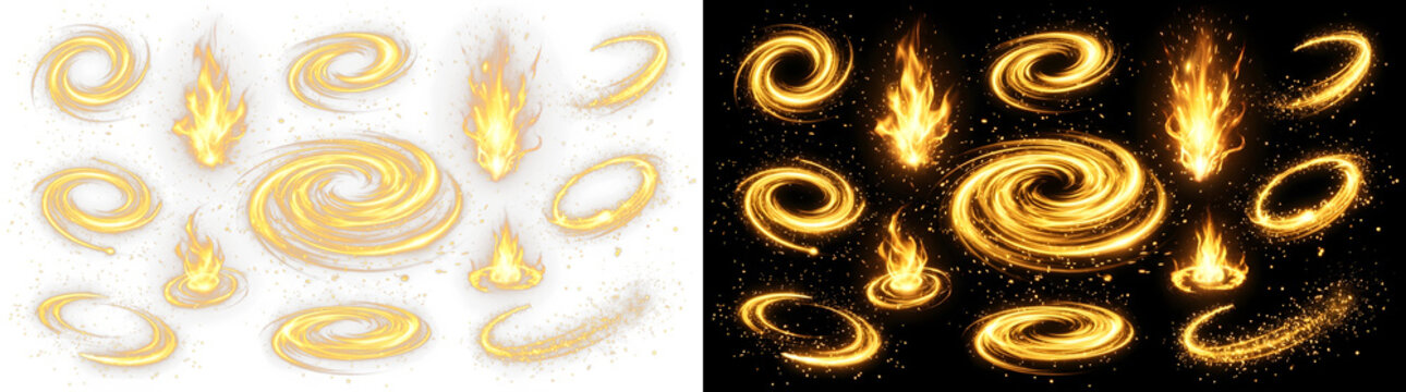 Fire swirl and flame effect collection featuring glowing vortexes and fiery sparks for magic design