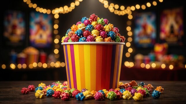 Party decoration and entertainment featuring a variety of brightly colored popcorn