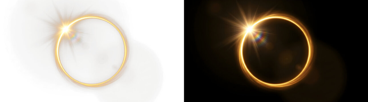 Golden ring of light with lens flare effect. Glowing circle frame. Isolated asset on transparent background