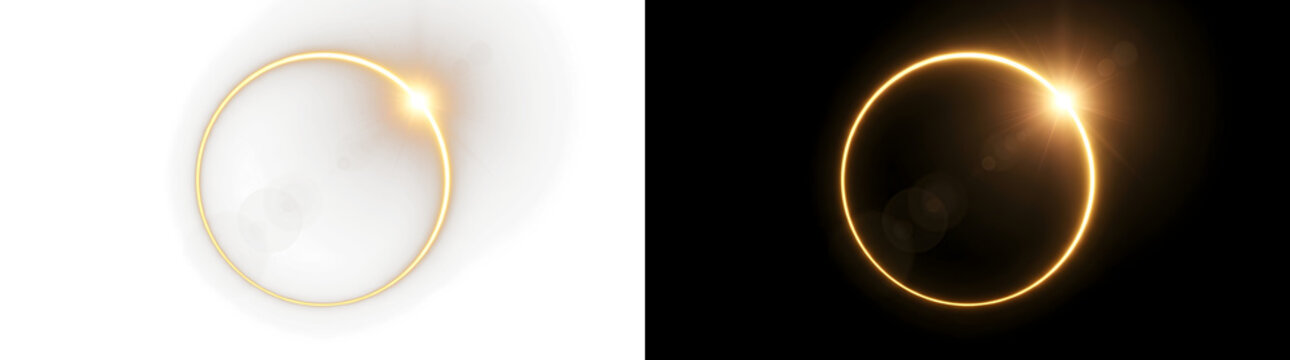 Golden ring flare light effect isolated on transparent background. Glowing sun eclipse