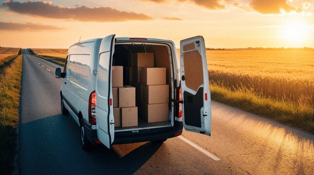 White delivery van with open back doors parked on rural road at sunset. Cardboard boxes loaded inside cargo area for shipping. Logistics service transport goods through country field landscape during