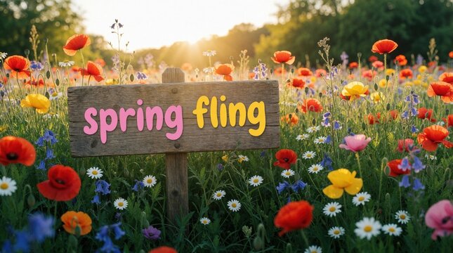 Rustic wooden sign with Spring Fling text stands in colorful wildflower meadow. Red poppies, white daisies bloom in sunny field. Bright floral background for seasonal event announcement garden party