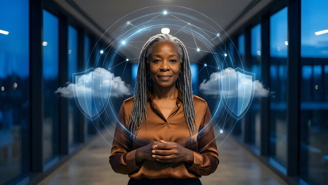 Fictional Black woman professional in her late fifties with gray locs and a bronze blouse in a contemporary architectural corridor at blue hour, activating a restrained cloud of connected light