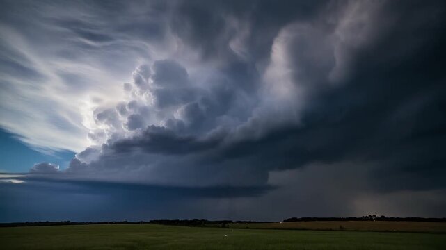 Dramatic Mammatus Clouds and Lightning Storm Over Rural Landscape