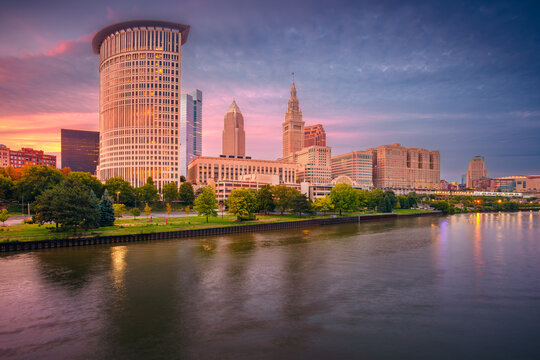 Cleveland, Ohio, USA. Panoramic cityscape image of Cleveland, Ohio at beautiful summer sunset.