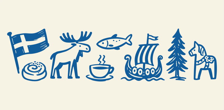 Scandinavian folk art icons set, blue hand-drawn Nordic symbols vector, Swedish culture illustrations for travel and branding
