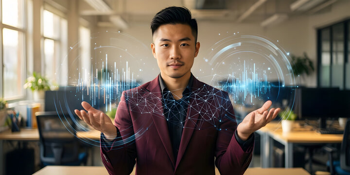 Fictional East Asian nonbinary professional in their late thirties with an undercut and a dark maroon suit in a sunlit flexible workplace, comparing two well-separated clusters of translucent data