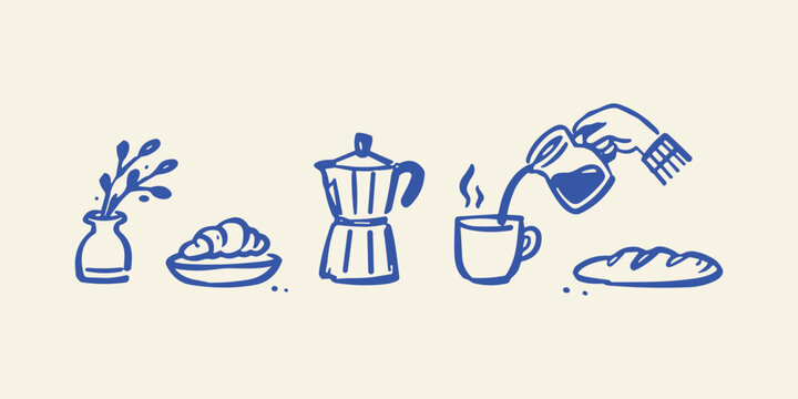 Hand-drawn blue coffee breakfast icons, minimalist cafe doodle set with moka pot and croissant, rustic morning brunch vector illustrations