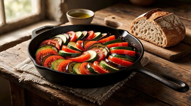 Raw ratatouille in cast iron skillet with sliced vegetables, olive oil, and bread on rustic wooden table. Fresh meal ready for cooking. Healthy vegetarian dish preparation.