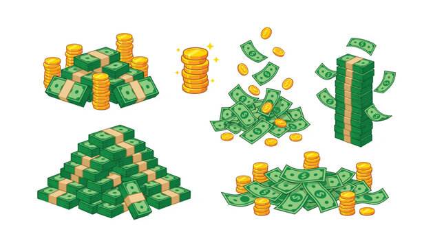 Big pile of money vector set with cash stacks dollar bundles falling gold coins and wealth concept illustration