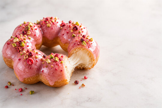Mochi donut shaped as a bubble ring with glossy pink glaze colorful sprinkles and a soft chewy interior shown on a white marble surface in bright minimal light for modern bakery and dessert themes