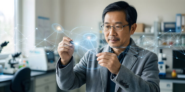 Fictional East Asian man professional in his early sixties wearing plain eyeglasses and a soft gray jacket in a clean research environment, tracing a luminous connection between two data points