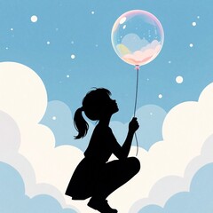 Fototapeta premium Silhouette of young girl holding large colorful balloon against blue sky with white clouds. Childful person looks up dreaming in fantasy world. Whimsical digital art shows joy, freedom, imagination.