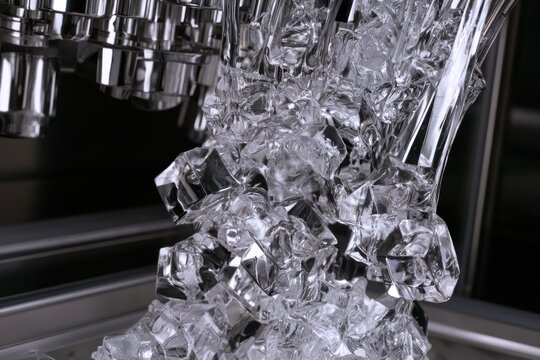 Closeup of crushed ice falling from ice maker machine in commercial kitchen