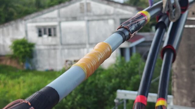 Pan up video of an ongoing jointing process on twisted aerial cables showing splicing tape and copper shield, industrial electrical power grid maintenance.