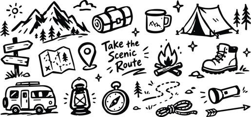 Hand-drawn camping doodles set, black and white outdoor adventure icons, rustic mountain hiking vector elements for travel journals © Farhan