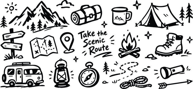 Hand-drawn camping doodles set, black and white outdoor adventure icons, rustic mountain hiking vector elements for travel journals