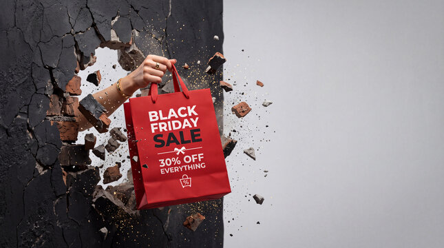 A hand emerges dramatically through a crumbling wall holding a vibrant red shopping bag promoting seasonal discount events with bold typography for maximum consumer impact during festive