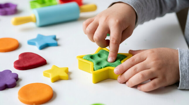 Child playing with colorful modeling clay, toddler hands shaping green playdough in star cutter, creative educational kids activity