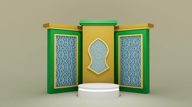 3D orbit rotation video, Islamic Arabic ornament podium display panning left to right, mashrabiya lattice backdrop, empty white product stand render