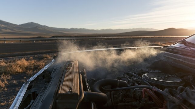 Car engine overheating and smoking on desert highway
