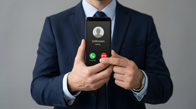 Businessman in Navy Suit Holding Phone Displaying Incoming Call from Unknown Number